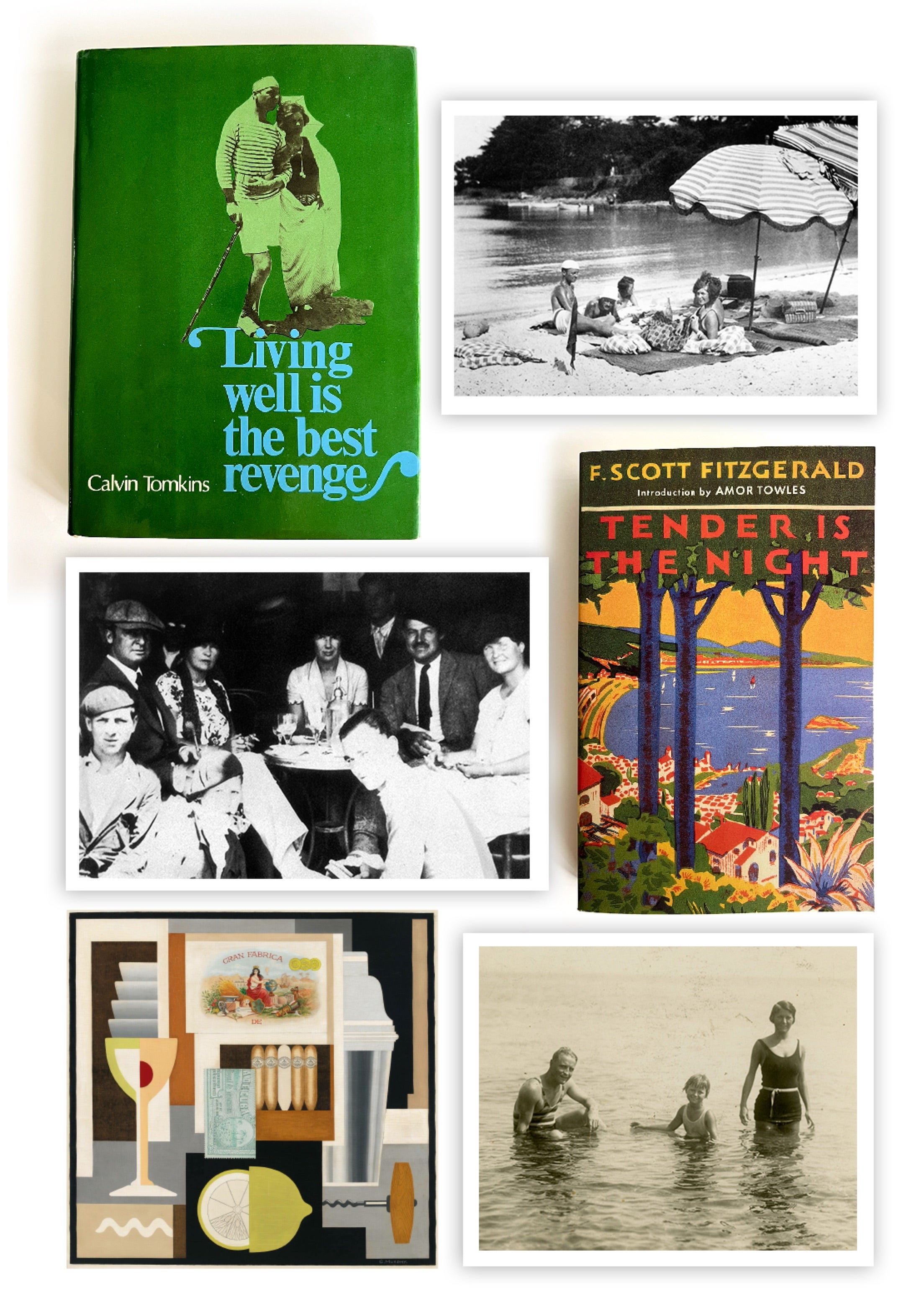 <strong>WHEN EVERYONE WAS STILL NO ONE</strong><br/><span> The book jacket of Tomkins’ indelible story of the little remembered but enormously influential Murphy couple; the Murphys on the beach in Antibes in the 1920s, when it had yet to be discovered; Fitzgerald based the main characters of <em>Tender Is the Night</em> on the Murphys; the novelist—photographed here with his wife Zelda and daughter Scottie—didn’t like to swim yet when he visited the Murphys he wore stripes; <em>Cocktail</em>, which Murphy painted in 1927, is in the collection of the Whitney Museum; the Hemingways and Murphys with friends in Pamplona, Spain, for the bullfights, 1926</span>