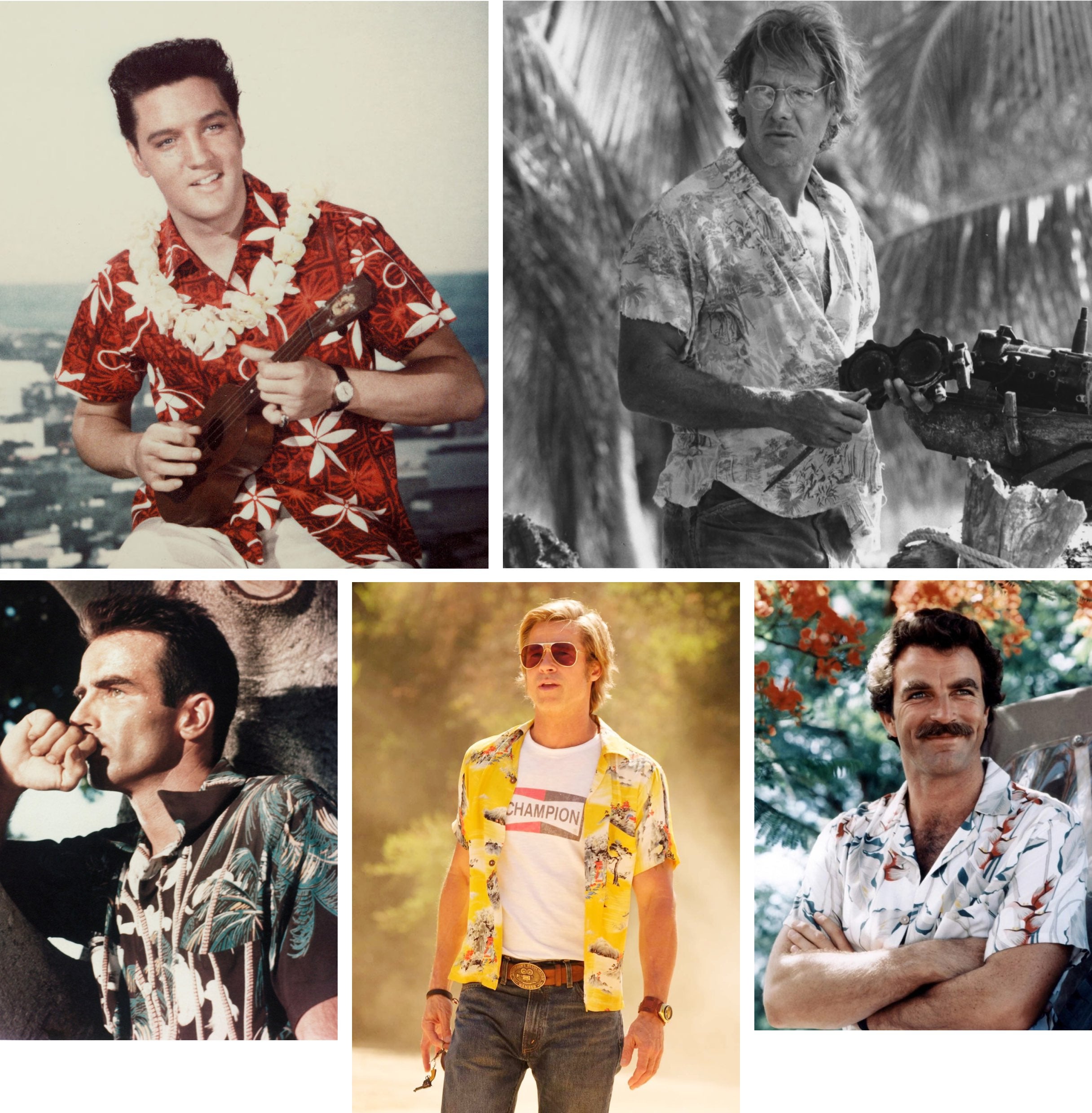       <strong>FIT FOR PRINT</strong><br />      <span        >From top left, Elvis takes up the ukulele; Harrison Ford in        <em>The Mosquito Coast;</em> Tom Selleck as Magnum PI;        <em>Brad Pitt in Once Upon a Time in Hollywood;</em> and Montgomery        Clift in <em>From Here to Eternity.</em></span      >    