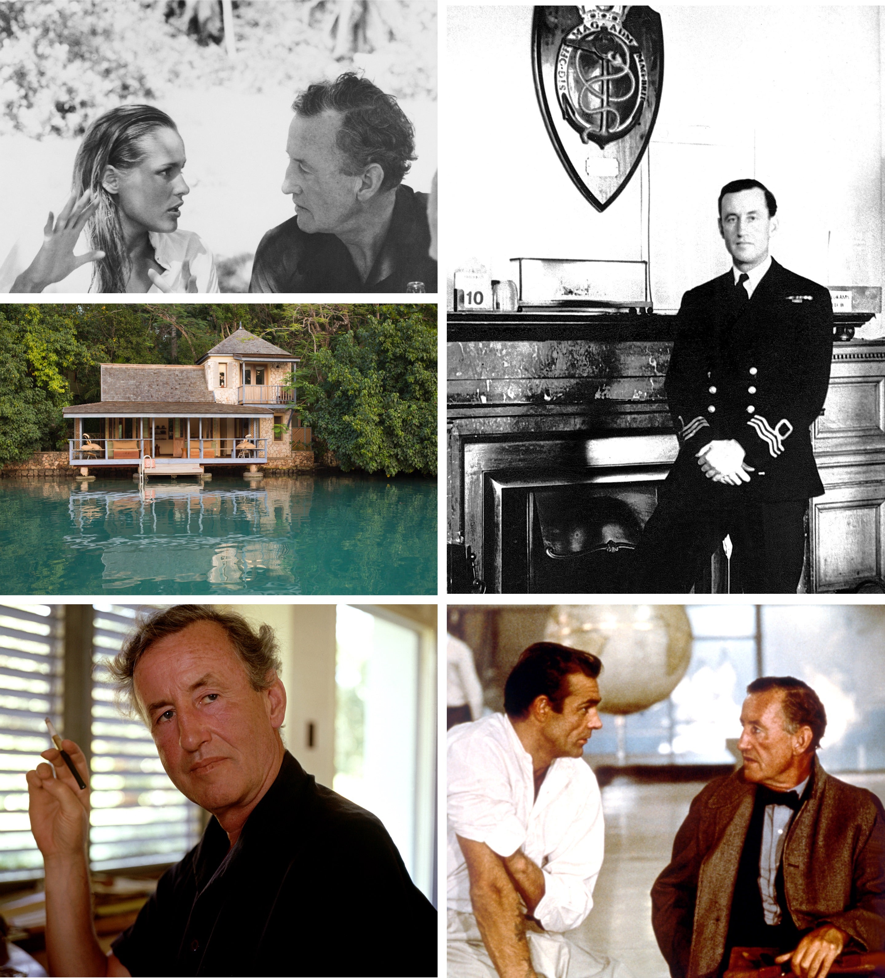 <strong>A SPY AMONG FRIENDS</strong><br/><span>Clockwise, from top: On the set of <em>Dr. No</em> with Ursula Andress; Fleming during the war when he ran 30AU, 30 Assault Unit; on the set with Sean Connery; at his writing desk at Goldeneye; and a view of the villa from the water</span>