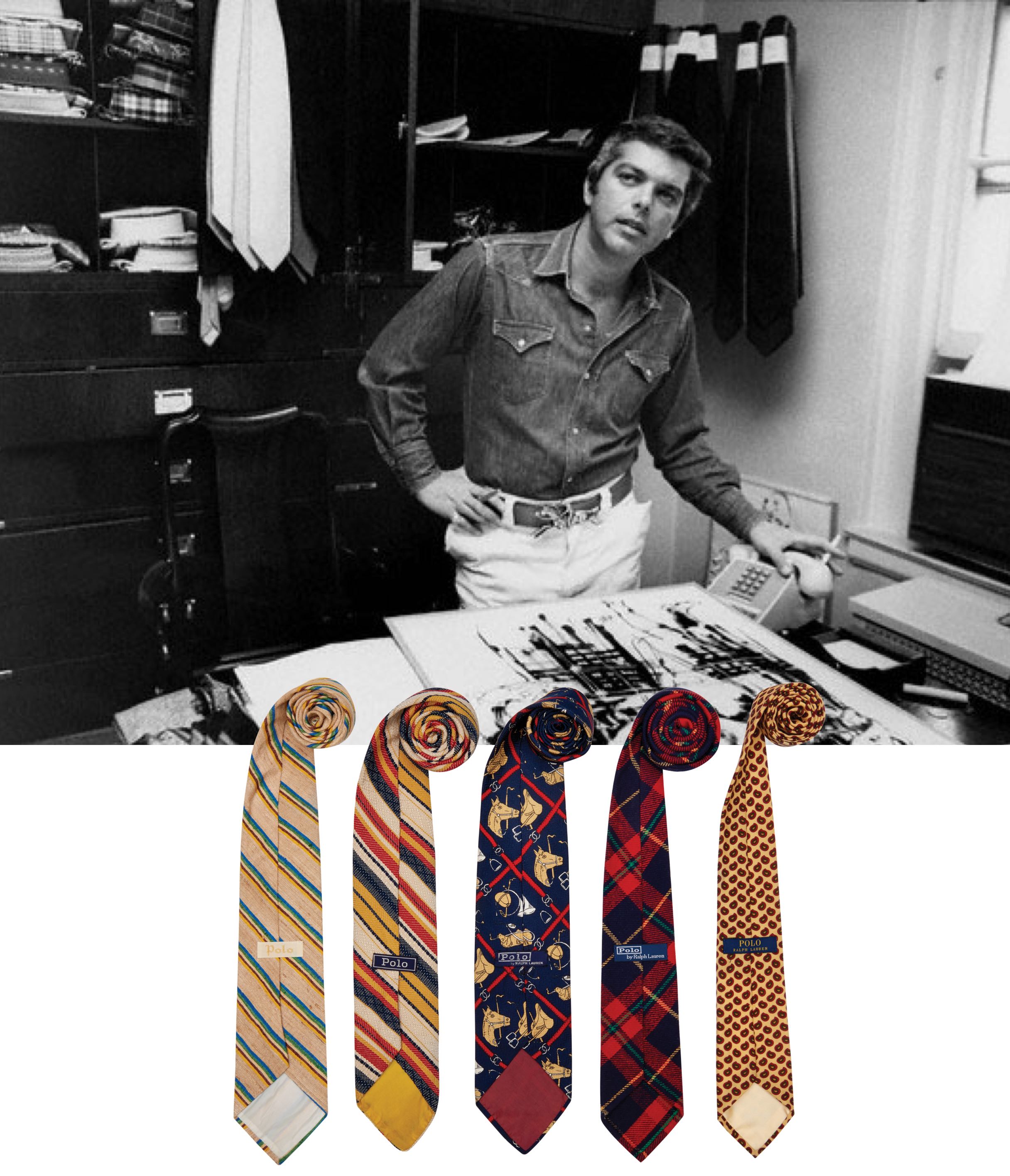       <div class="center-caption">        <div><strong>Cabinet of Curiosities</strong></div>        <div>          From top, Ralph in the early 1970s as his tie business expanded to          include shirts; a few examples of his first tie designs, which, as he          writes, included “patterns, classic repp stripes, and prints”        </div>      </div>      <div class="vertical-right caption-sub">        Photography credit (from top): Louis Liotta/New York Post Archives;        Zachary Freyman      </div>    