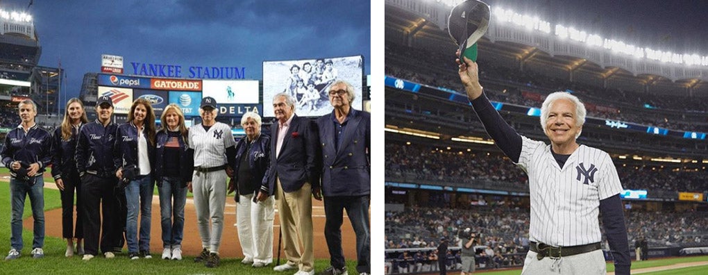 Ralph Lauren and family stand on field of Yankee Stadium; Mr. Lauren tips cap on field at Yankee Stadium.